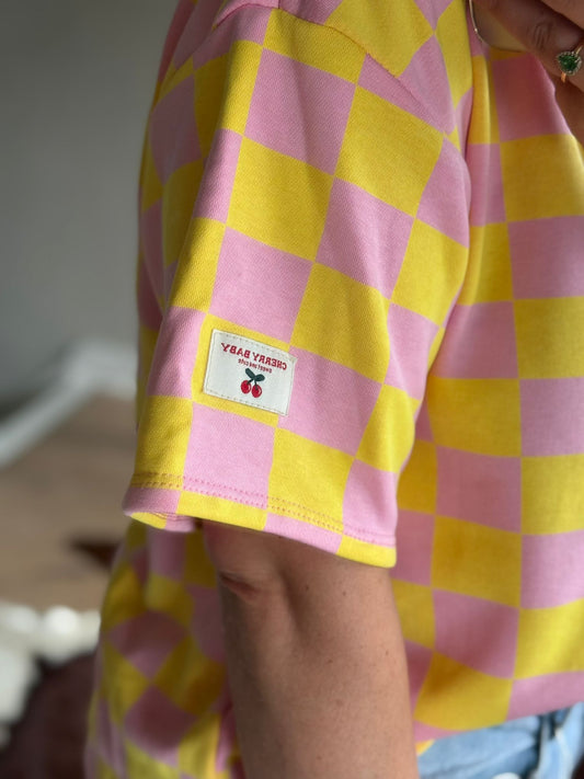 Geblokt t-shirt geel/lila