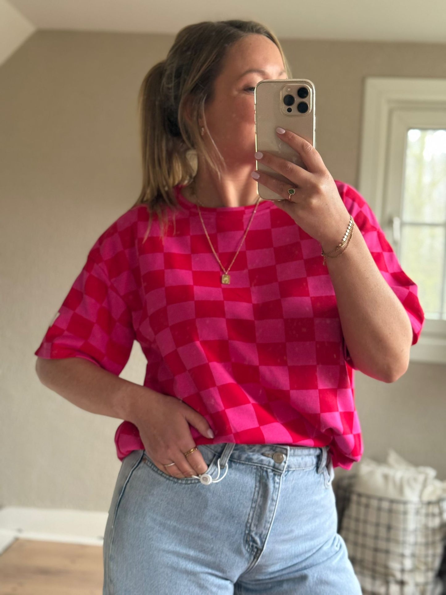Geblokt t-shirt rood/roze