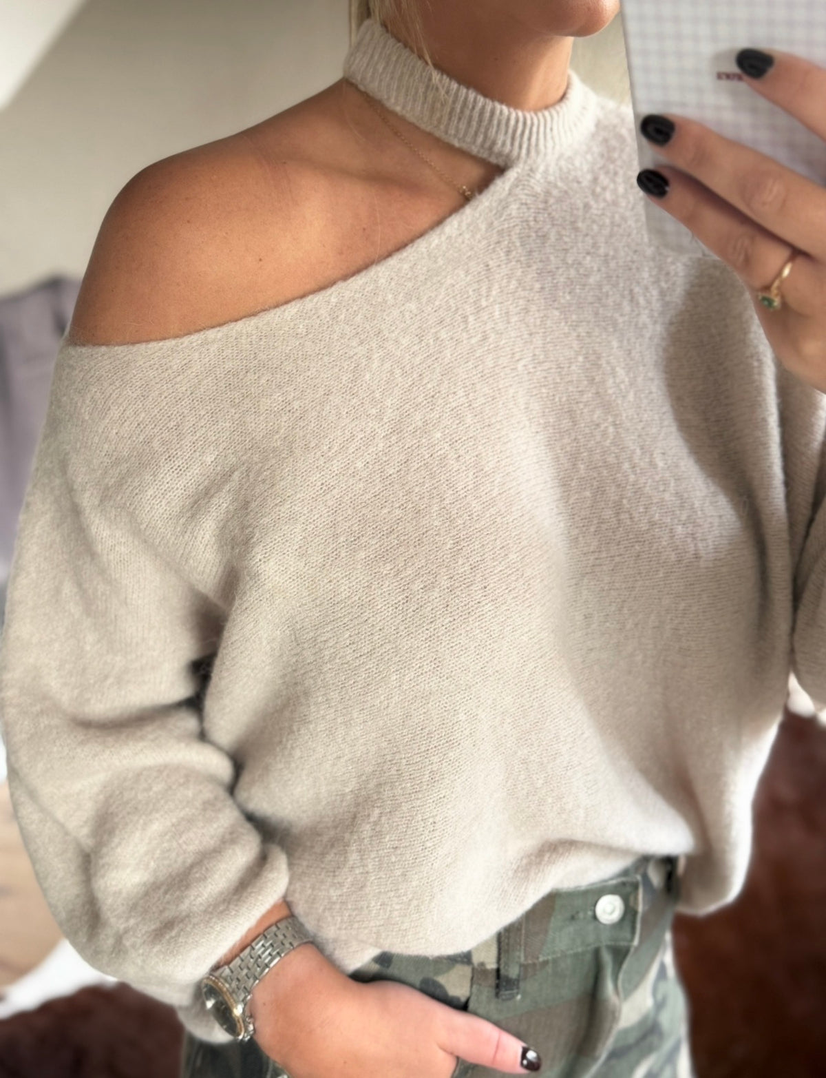 Beige gebreide off shoulder