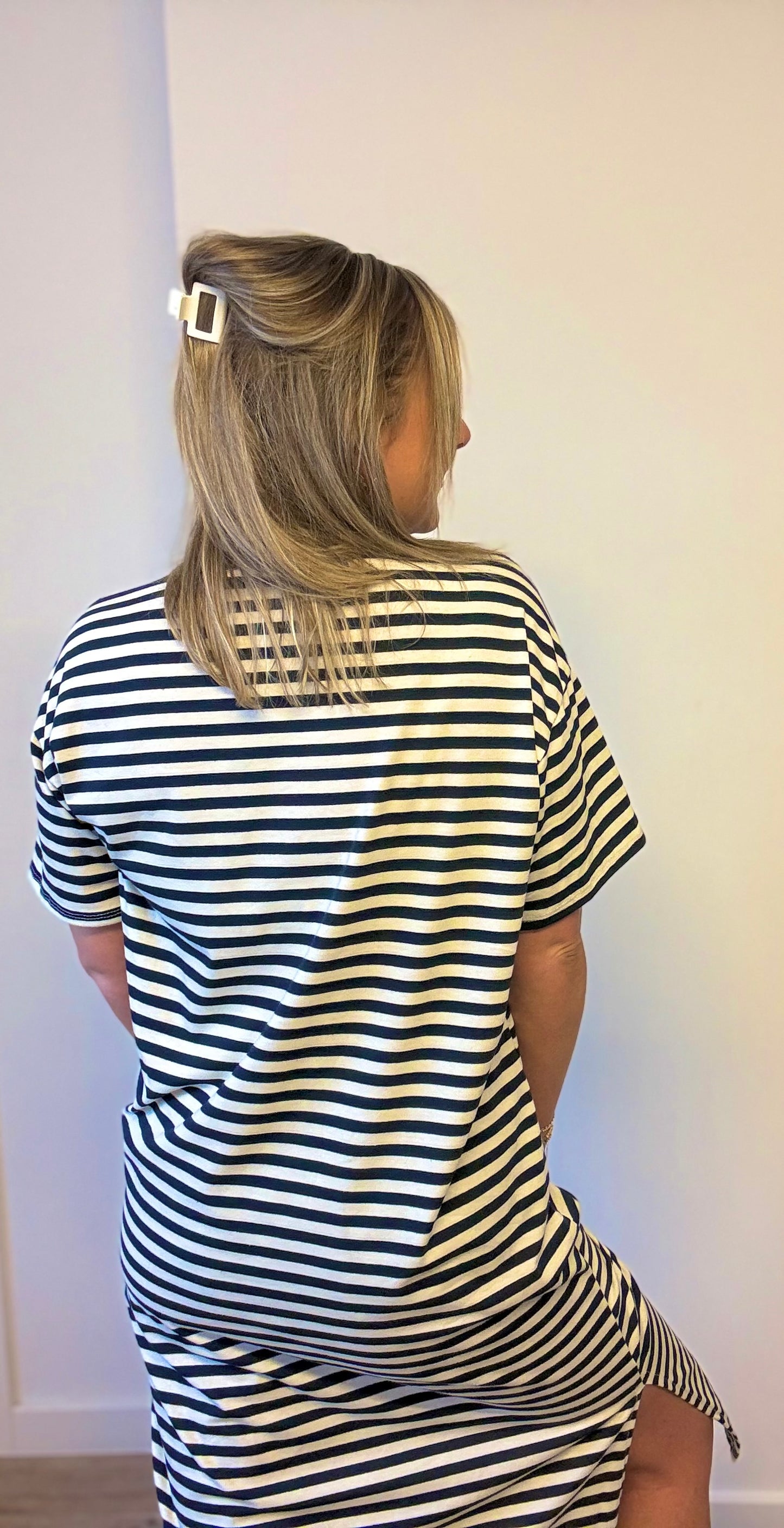 Lang t-shirt kleed donkerblauw/wit