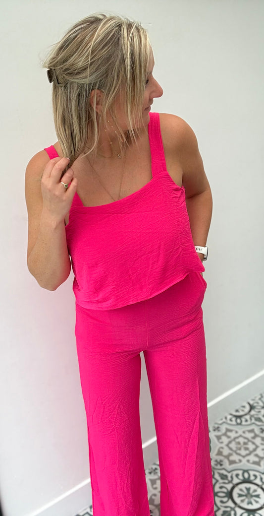 Fuchsia jumpsuit met strikdetail