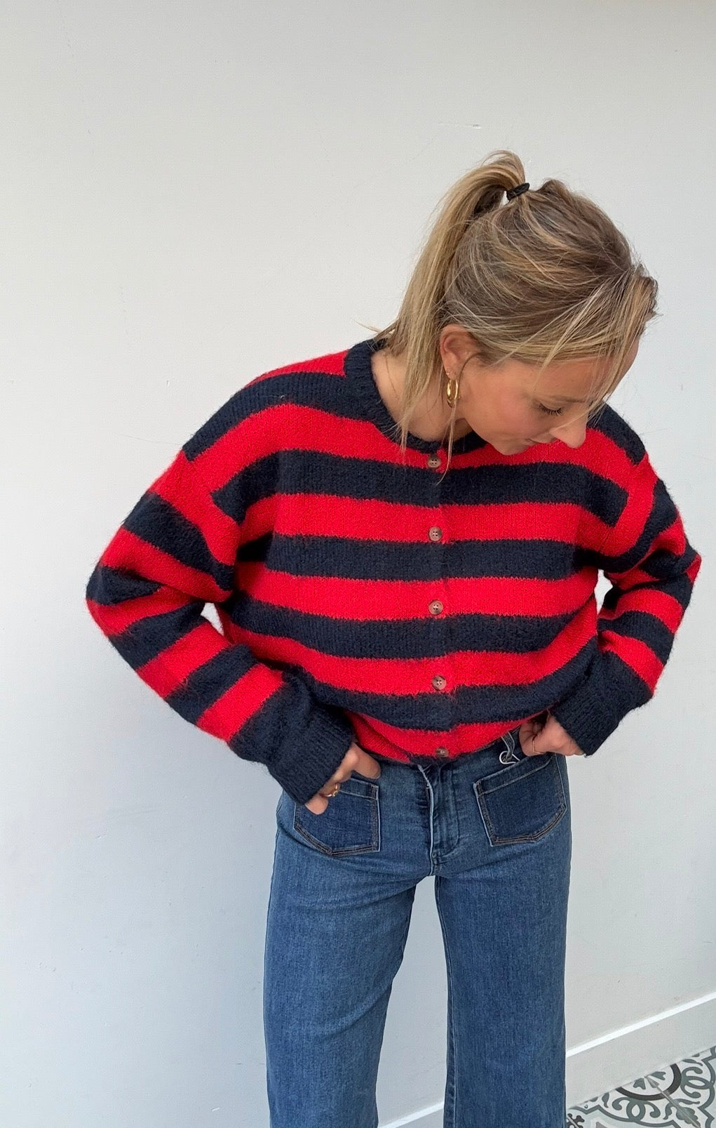 Gebreid vest – rood & donkerblauw TU