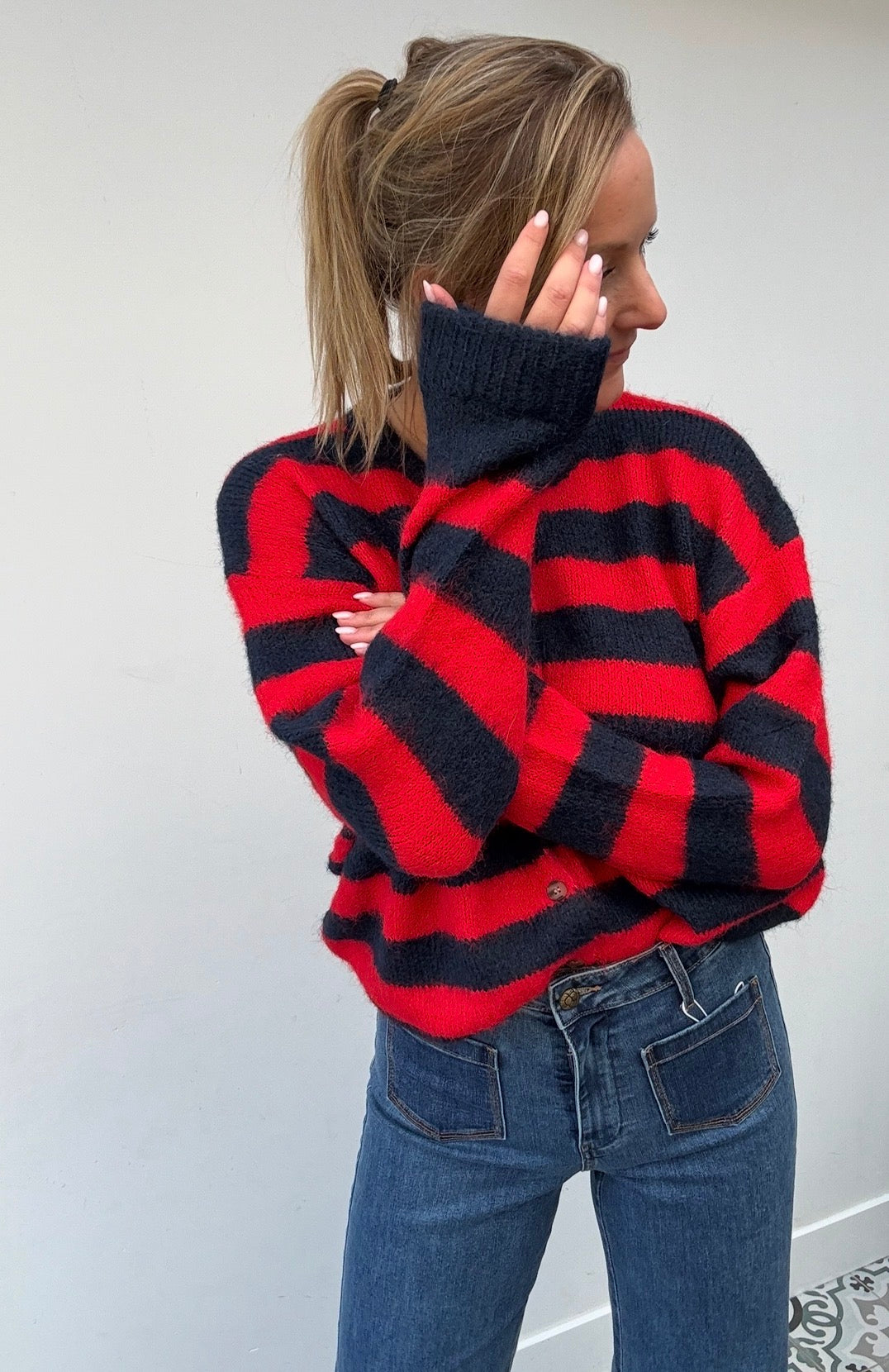 Gebreid vest – rood & donkerblauw TU