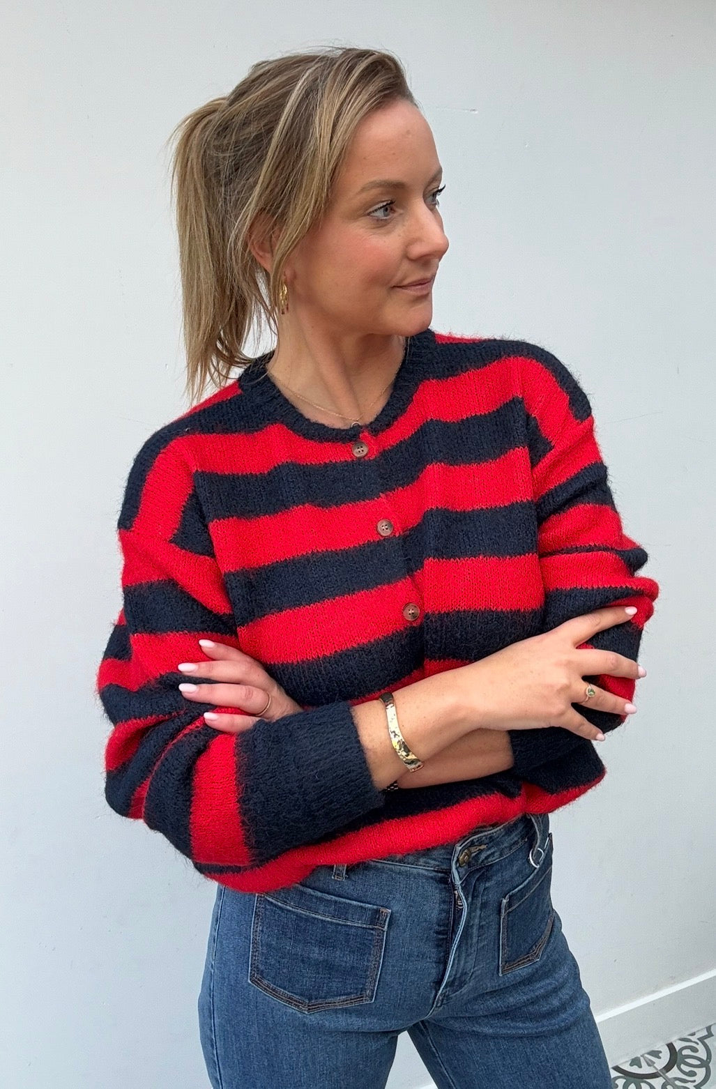 Gebreid vest – rood & donkerblauw TU