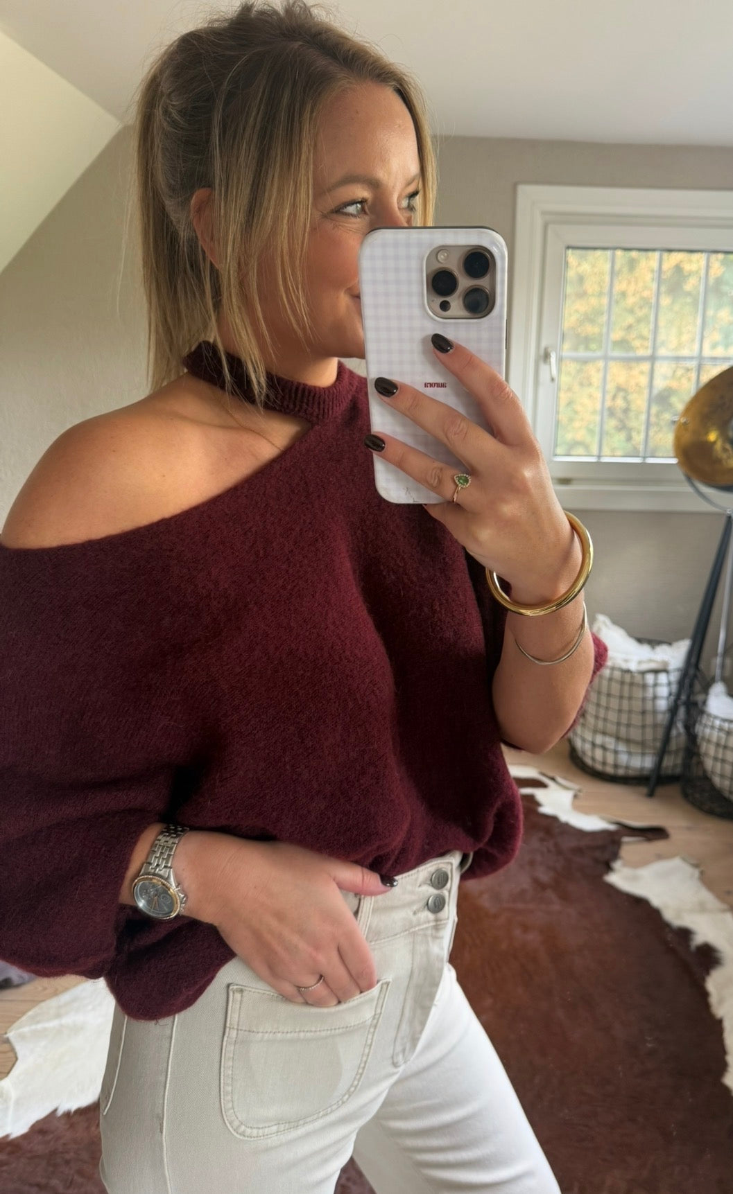 Burgundy off shoulder trui