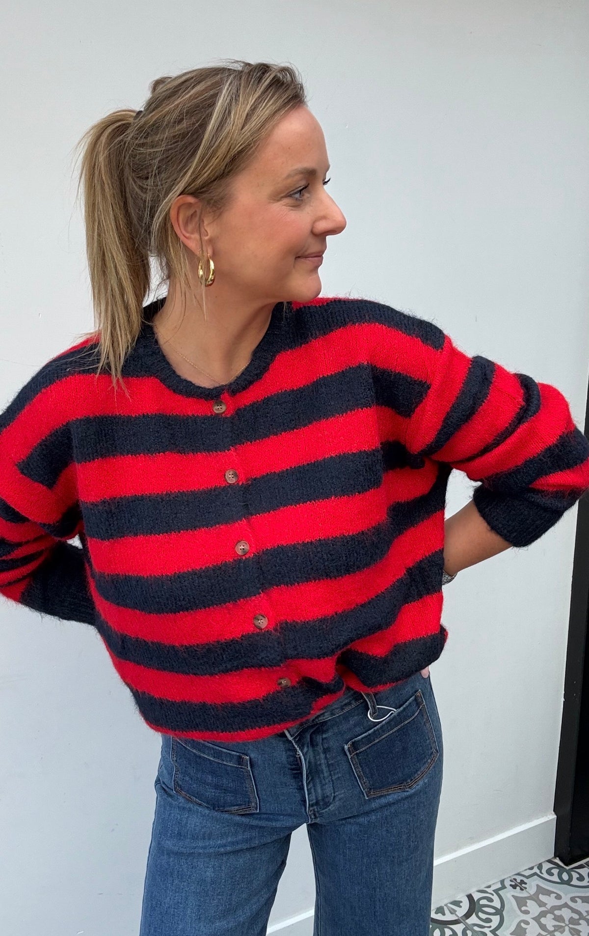 Gebreid vest – rood & donkerblauw TU