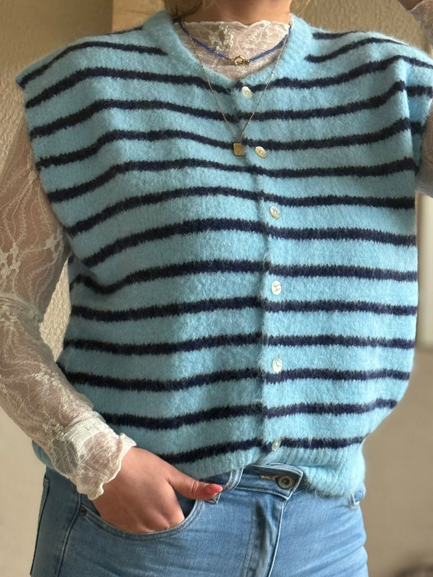 Trui zonder mouw blauw/d.blauw