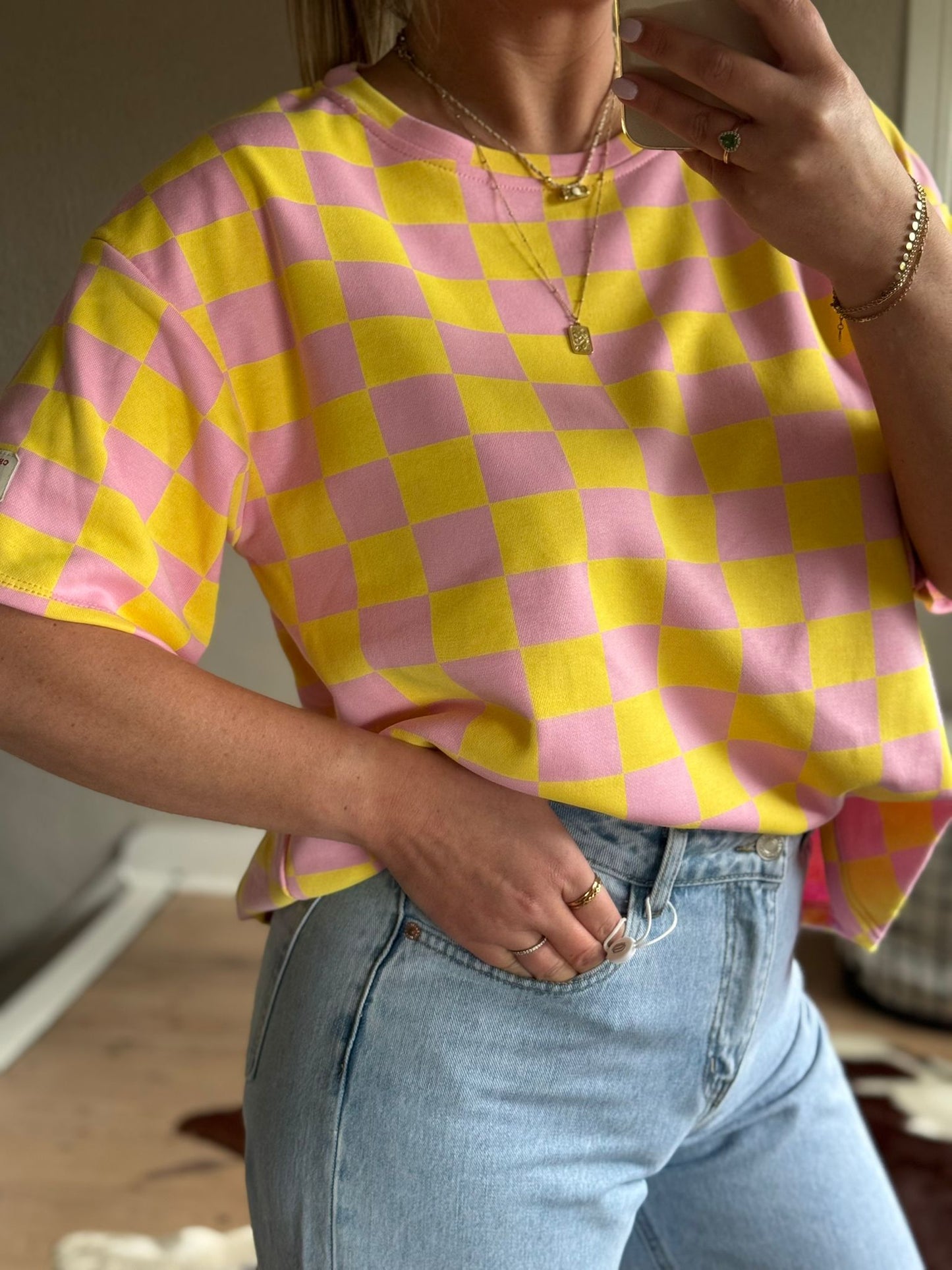 Geblokt t-shirt geel/lila