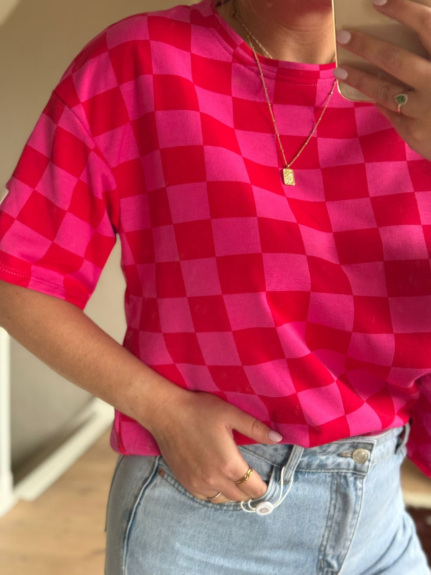 Geblokt t-shirt rood/roze