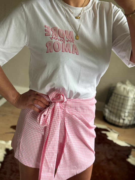 Roze geruit wikkelrokje