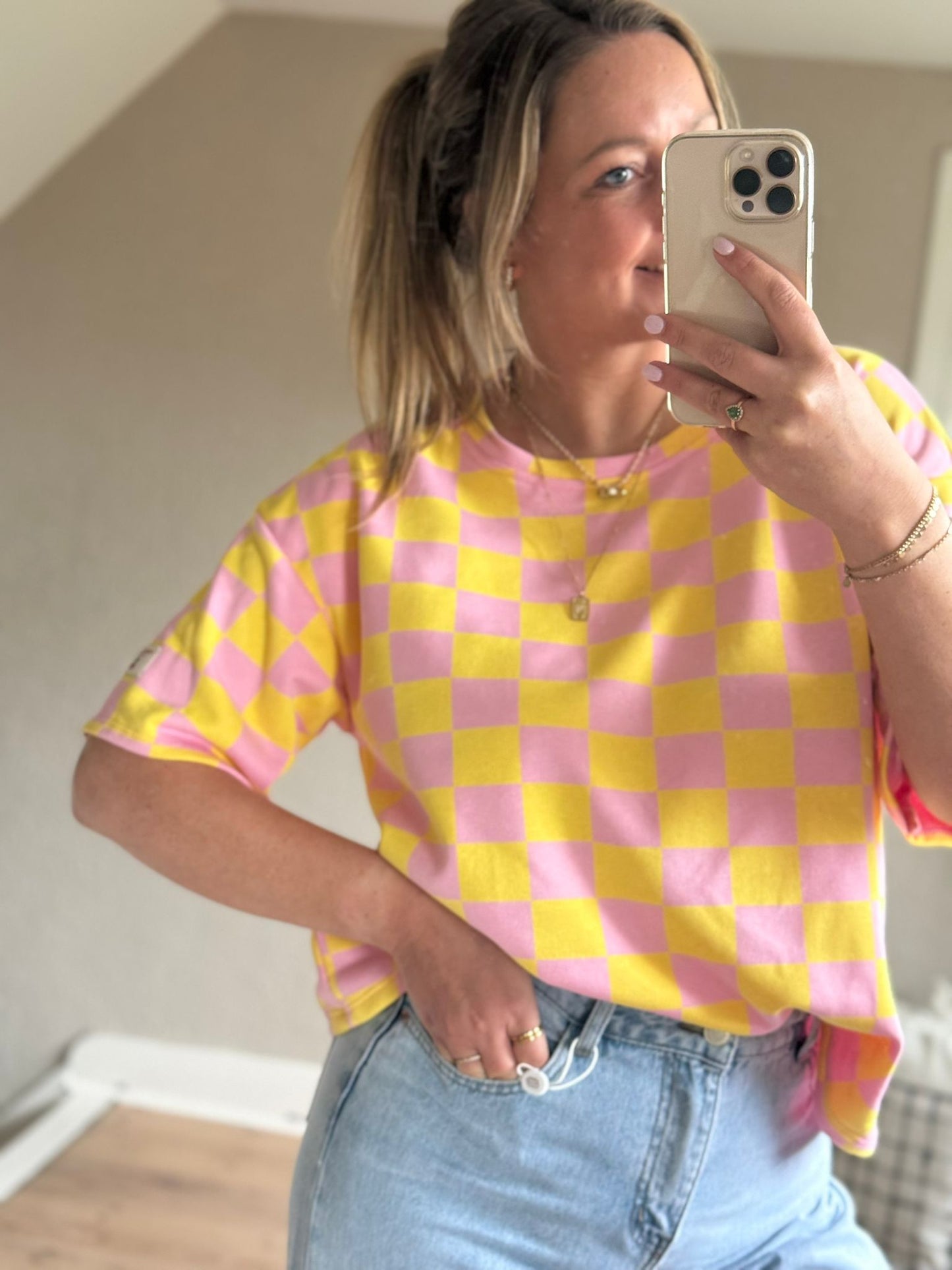Geblokt t-shirt geel/lila