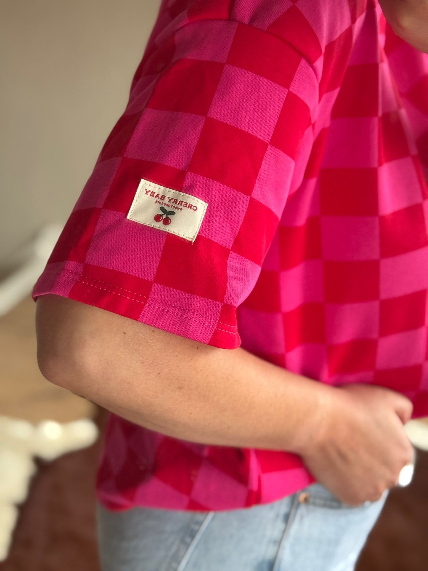 Geblokt t-shirt rood/roze